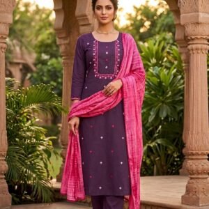 Pure Cotton Purple And Pink Embroidered Suit