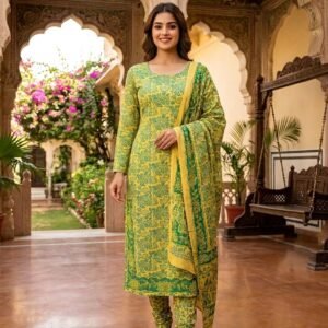 Digital Printed Embroidered Green color suit with Dupatta