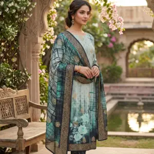 Elegant Teal Printed Unstiched Suit